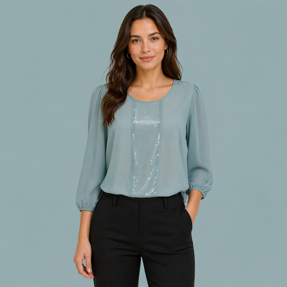 Talbots Size 6 Dusty Blue Green Sequin Stripe Crew Scoop Neck 3/4 Sleeve Top NEW